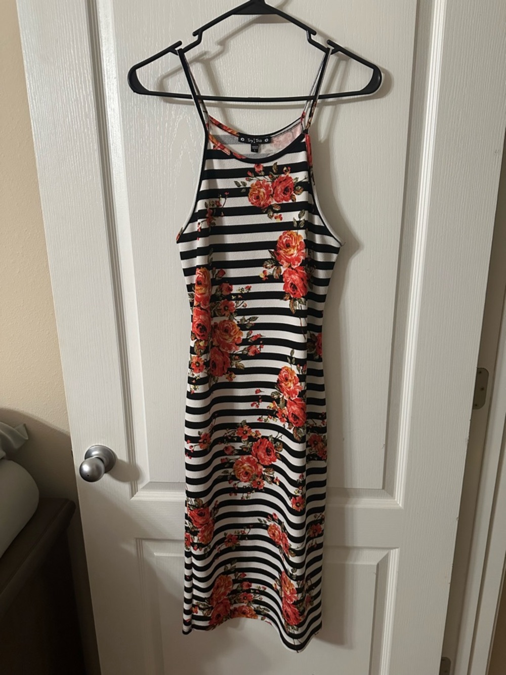 Striped Black & White Midi Dress with Red Floral Print